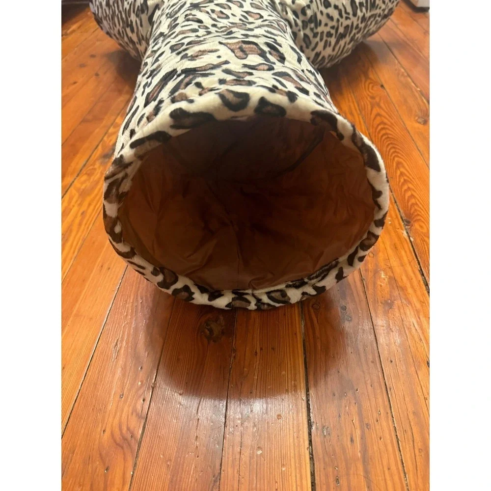 Leopard Print 3-Way Cat Tunnel Collapsible Pet Play Tube with Hanging Toy